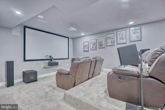 home theater room featuring carpet flooring, recessed lighting, and baseboards