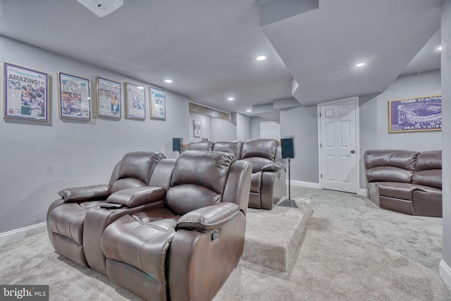 cinema room featuring recessed lighting, baseboards, and carpet floors