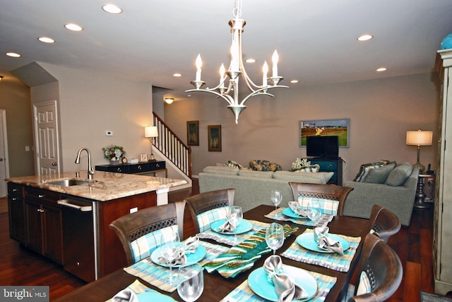 dining area featuring stairs, an inviting chandelier, recessed lighting, and dark wood-style floors