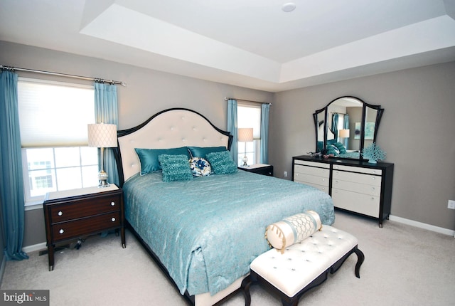 bedroom with baseboards, a raised ceiling, and carpet