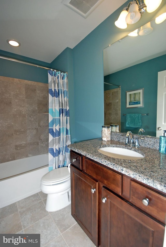 full bathroom featuring tile patterned flooring, visible vents, toilet, shower / tub combo with curtain, and vanity