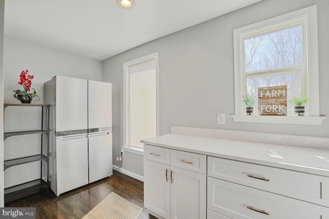 kitchen featuring white cabinetry, plenty of natural light, dark wood finished floors, and freestanding refrigerator