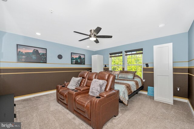 carpeted bedroom featuring recessed lighting, baseboards, and ceiling fan