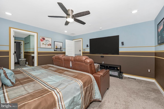 bedroom featuring recessed lighting, baseboards, carpet, and a ceiling fan