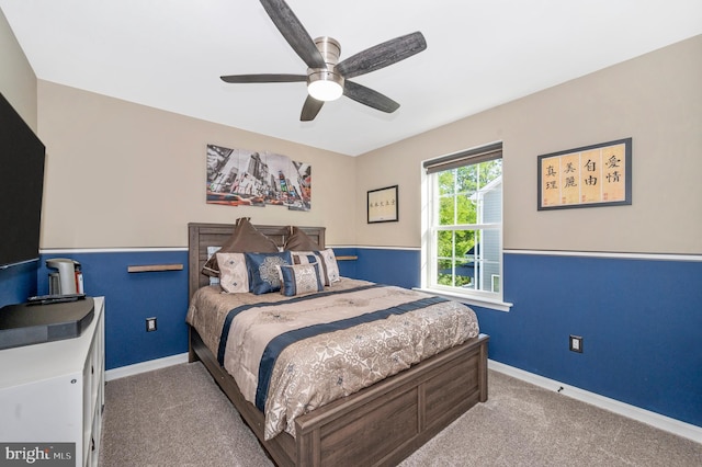 bedroom with baseboards, a ceiling fan, and carpet