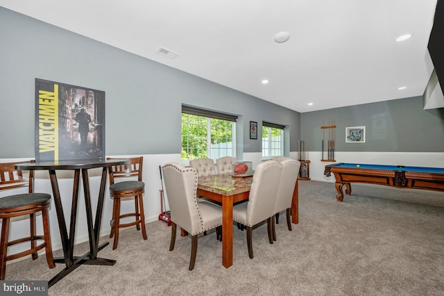 dining area with recessed lighting, visible vents, and carpet floors