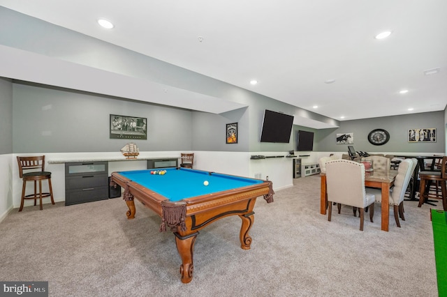 game room featuring recessed lighting, light colored carpet, and baseboards