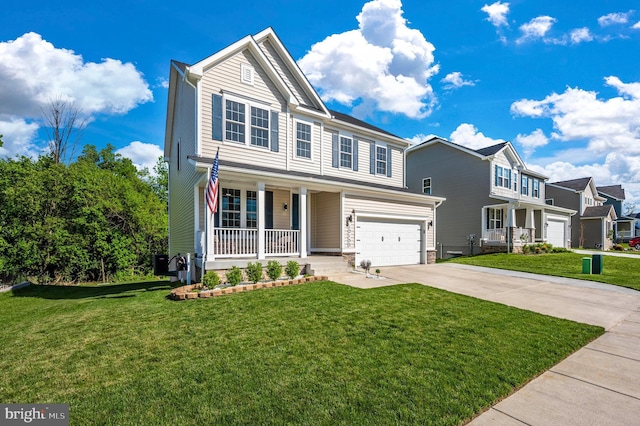 traditional-style house with covered porch, driveway, an attached garage, and a front yard