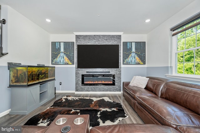 living room with wood finished floors, recessed lighting, a fireplace, and baseboards