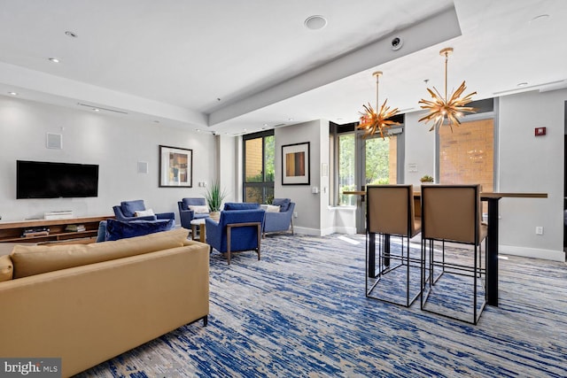 living area with recessed lighting, carpet, and baseboards