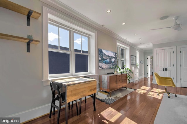 home office featuring recessed lighting, baseboards, wood finished floors, and ornamental molding