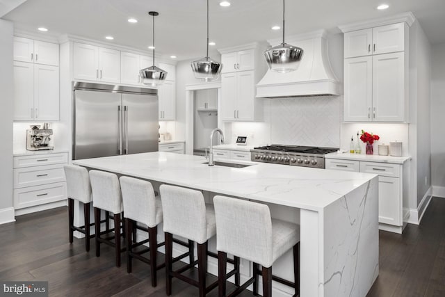 286 Claremont Ave, Harrisonburg, VA 22801 - kitchen featuring a sink, white cabinetry, stainless steel built in refrigerator, and custom range hood