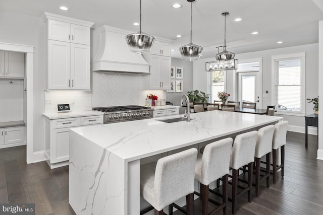 286 Claremont Ave, Harrisonburg, VA 22801 - kitchen featuring dark wood-type flooring, a sink, tasteful backsplash, stove, and custom exhaust hood