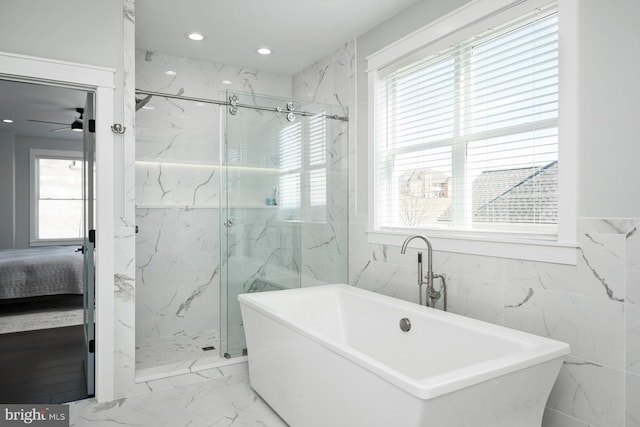 286 Claremont Ave, Harrisonburg, VA 22801 - full bathroom featuring a marble finish shower, marble finish floor, a freestanding bath, and connected bathroom