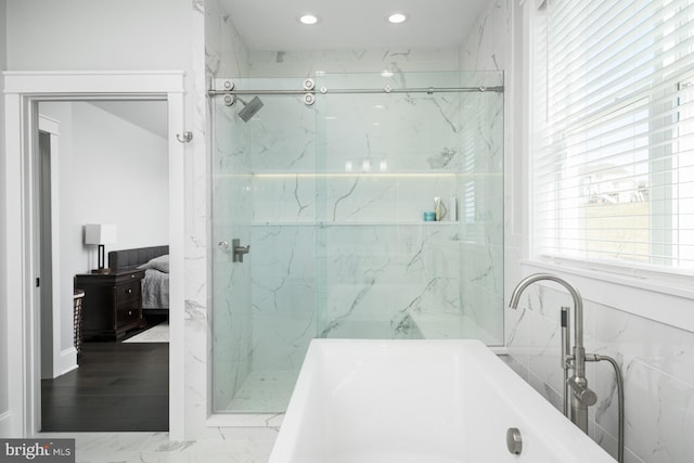 286 Claremont Ave, Harrisonburg, VA 22801 - ensuite bathroom featuring a marble finish shower, ensuite bath, recessed lighting, a sink, and a freestanding bath