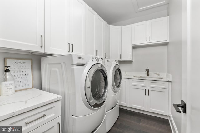 286 Claremont Ave, Harrisonburg, VA 22801 - laundry area with cabinet space, dark wood-style floors, independent washer and dryer, and a sink
