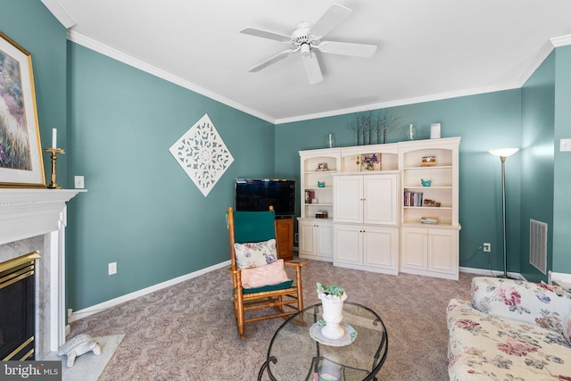 living room with light colored carpet, visible vents, a high end fireplace, and baseboards