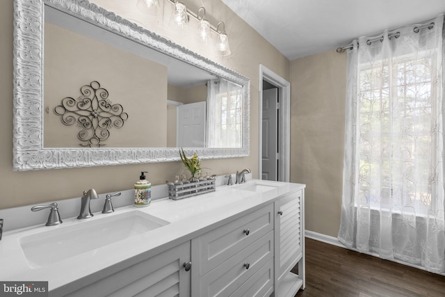 bathroom with double vanity, wood finished floors, baseboards, and a sink