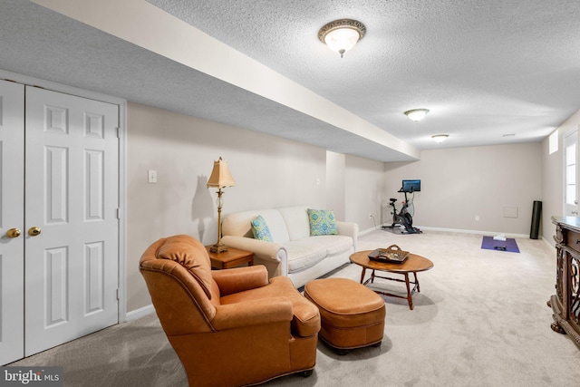 living area with baseboards, a textured ceiling, and carpet