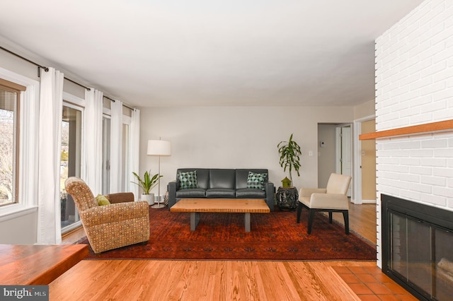 living area featuring a fireplace and wood finished floors