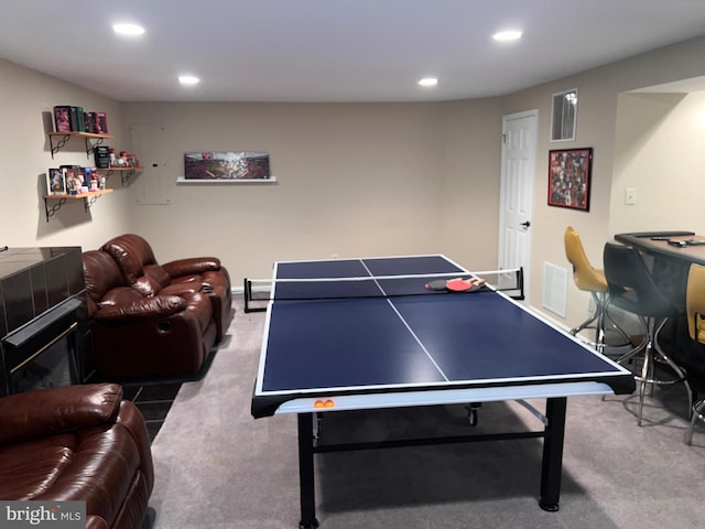 playroom with recessed lighting, visible vents, and carpet flooring