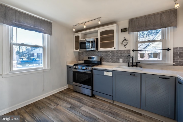 kitchen with a sink, stainless steel appliances, dark wood-type flooring, and decorative backsplash