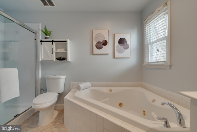 bathroom with visible vents, a stall shower, toilet, and a tub with jets