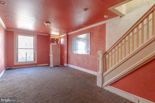 interior space featuring a textured wall, stairway, baseboards, and ornamental molding