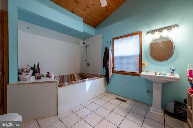 123 S 9th St, Millville, NJ 08332 - bathroom with visible vents, shower / bathing tub combination, tile patterned flooring, lofted ceiling, and wood ceiling