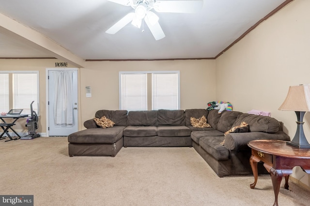 123 S 9th St, Millville, NJ 08332 - living room featuring crown molding, a healthy amount of sunlight, carpet, and ceiling fan