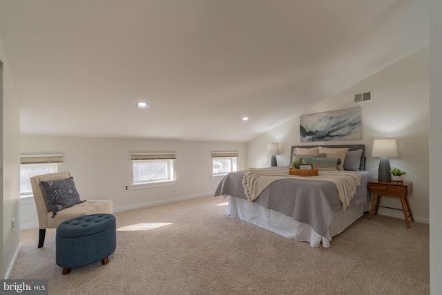 carpeted bedroom with recessed lighting, visible vents, lofted ceiling, and baseboards