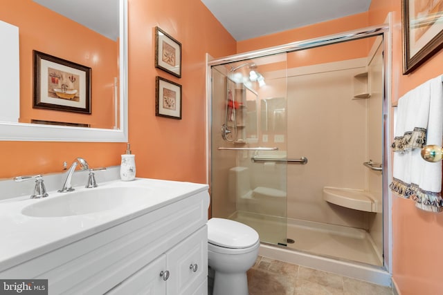 full bathroom featuring vanity, toilet, and a stall shower