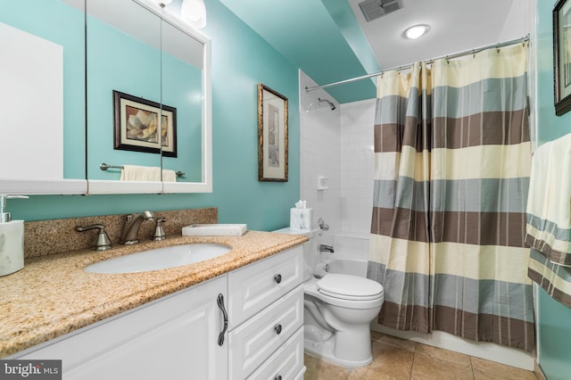 bathroom featuring visible vents, shower / bathtub combination with curtain, toilet, tile patterned flooring, and vanity