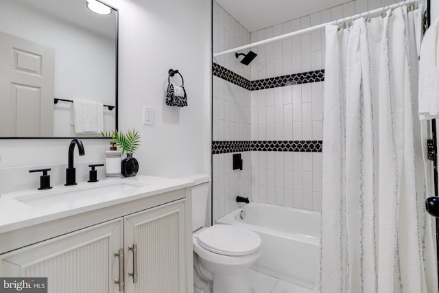 full bathroom featuring shower / bath combination with curtain, toilet, and vanity