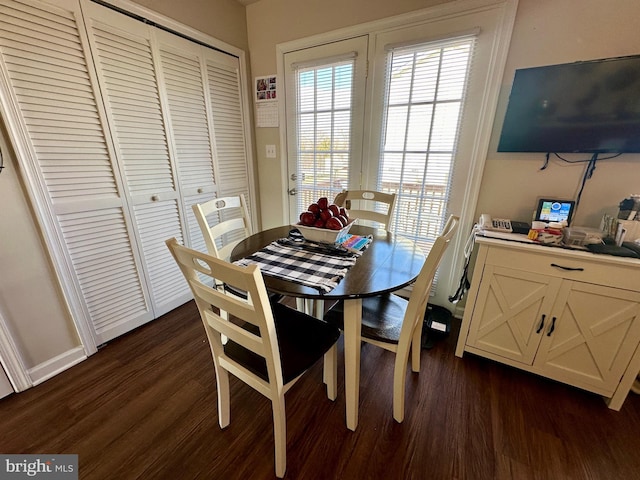 dining area with dark wood-style flooring