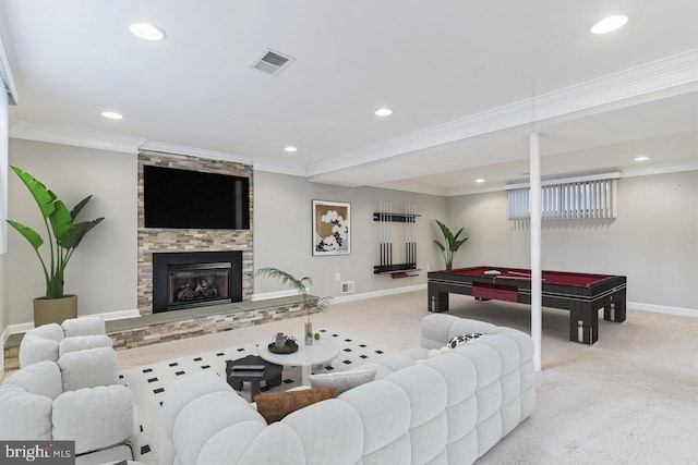 carpeted living area with visible vents, pool table, a fireplace, crown molding, and baseboards