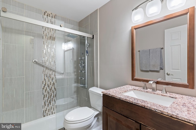 bathroom with a shower stall, toilet, and vanity