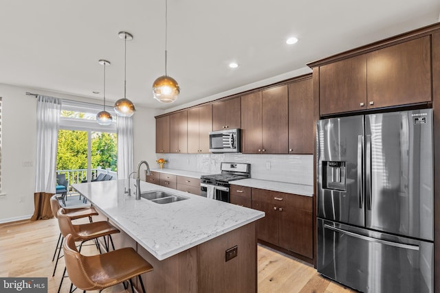 kitchen featuring backsplash, light wood-type flooring, an island with sink, stainless steel appliances, and a sink