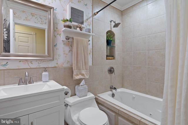 bathroom with shower / bathtub combination with curtain, toilet, ornamental molding, and wallpapered walls