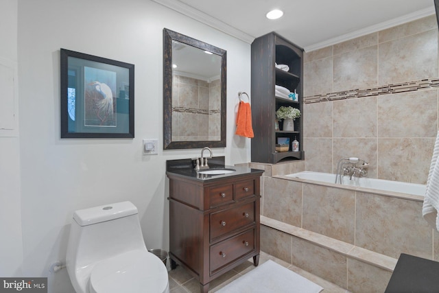 full bathroom featuring toilet, recessed lighting, crown molding, a bath, and vanity