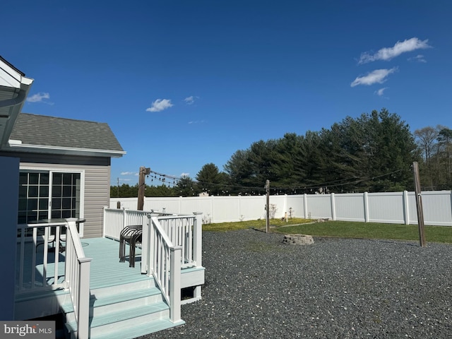 view of yard featuring a fenced backyard and a wooden deck