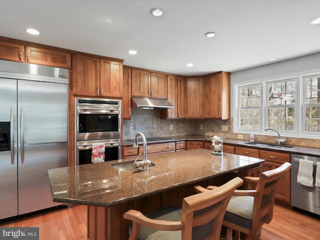 kitchen with light wood finished floors, brown cabinets, under cabinet range hood, appliances with stainless steel finishes, and tasteful backsplash