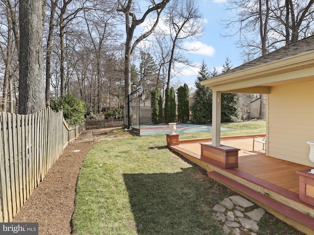 view of yard with a wooden deck and a fenced backyard