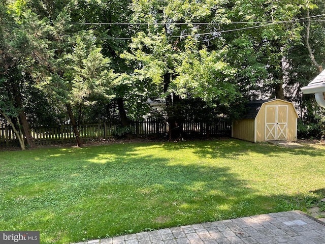 view of yard with a storage shed, an outdoor structure, and fence