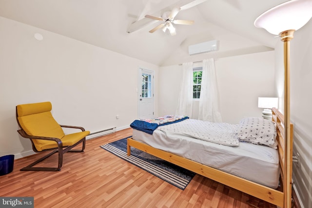 bedroom with a ceiling fan, wood finished floors, a wall mounted AC, lofted ceiling, and a baseboard heating unit