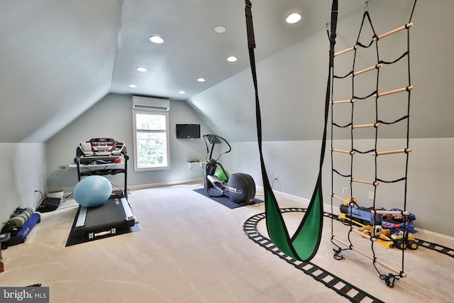 exercise area with baseboards, lofted ceiling, carpet floors, recessed lighting, and a wall mounted AC