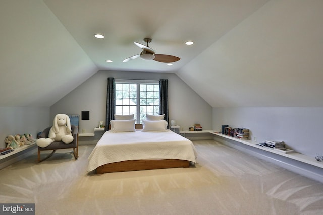 bedroom with carpet flooring, recessed lighting, lofted ceiling, and a ceiling fan