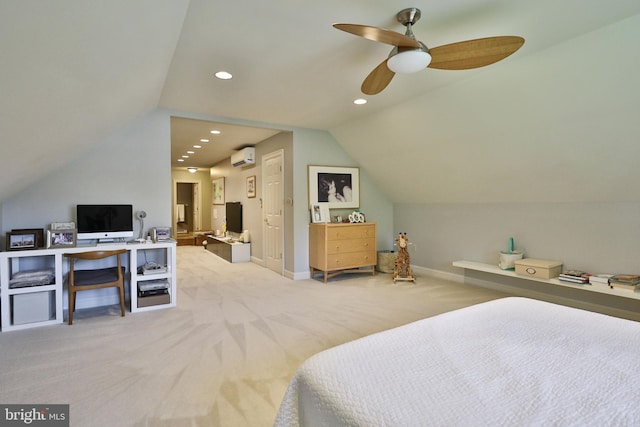 carpeted bedroom with lofted ceiling, a wall unit AC, recessed lighting, and baseboards