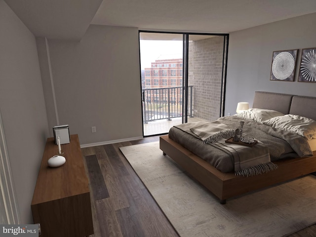 bedroom with access to exterior, floor to ceiling windows, wood finished floors, and baseboards