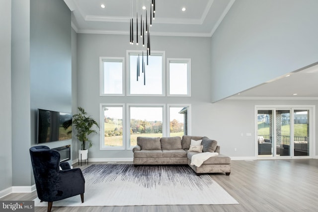 living area featuring wood finished floors, a healthy amount of sunlight, a towering ceiling, and ornamental molding